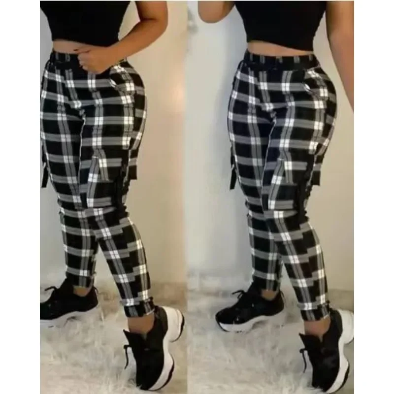 Mandylandy Fashion Cargo Pants Women Summer Slim Fit Black Pattern Comfort and Casual Pencil Pants Tapered Overalls Trousers