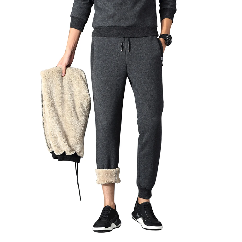 Kolongvangie sweatpants de lã masculina sherpa forrado atlético inverno quente faixa de algodão calças com zíper bolsos