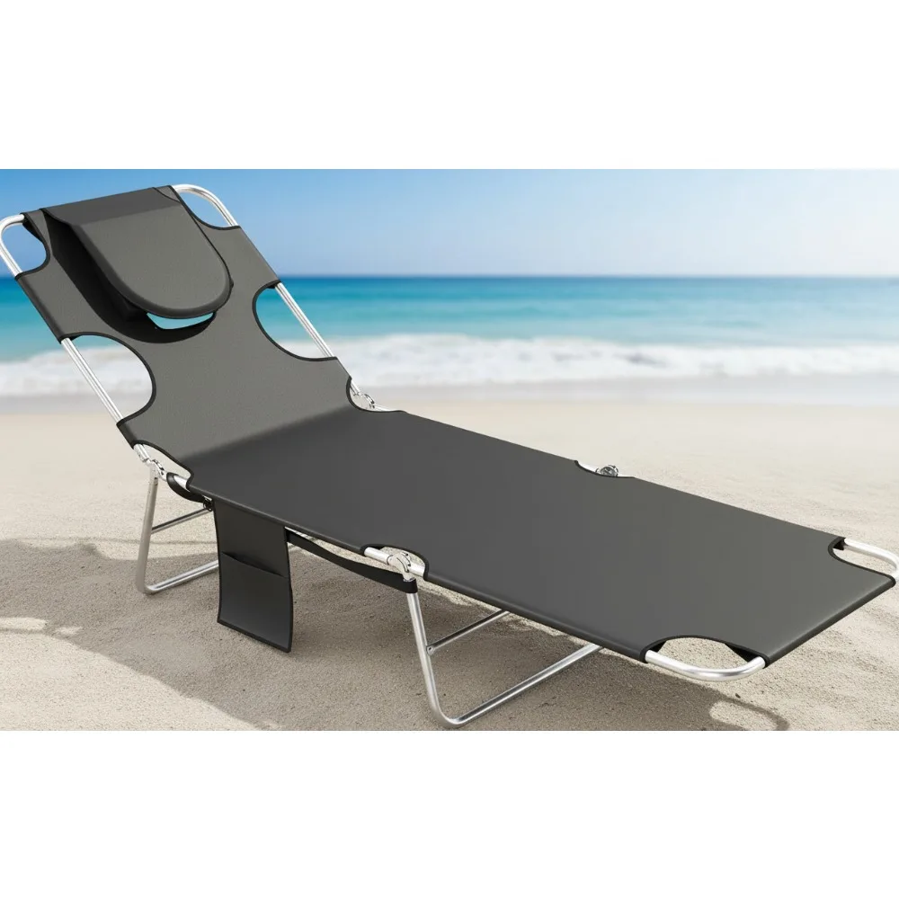 

5-Level Adjustable Folding Beach Lounge Chair with Face Hole & Storage Pocket for Outdoor Tanning, Pool, Garden