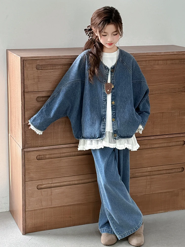 

Girls' Fall Denim Batwing Sve Outfit Tee-Piece Set Trendy Casual Sle Long Pants Button Closure Medium Weight