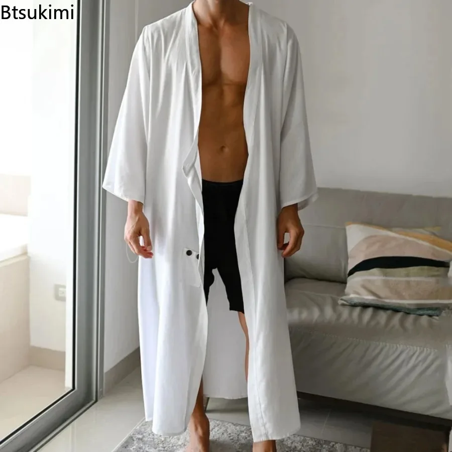 New Men's Vintage Baggy Long Cloak Robe Summer Leisure Solid Buttoned Hooded Cover-up Top Men Fashion Open Stitch Long Cardigan
