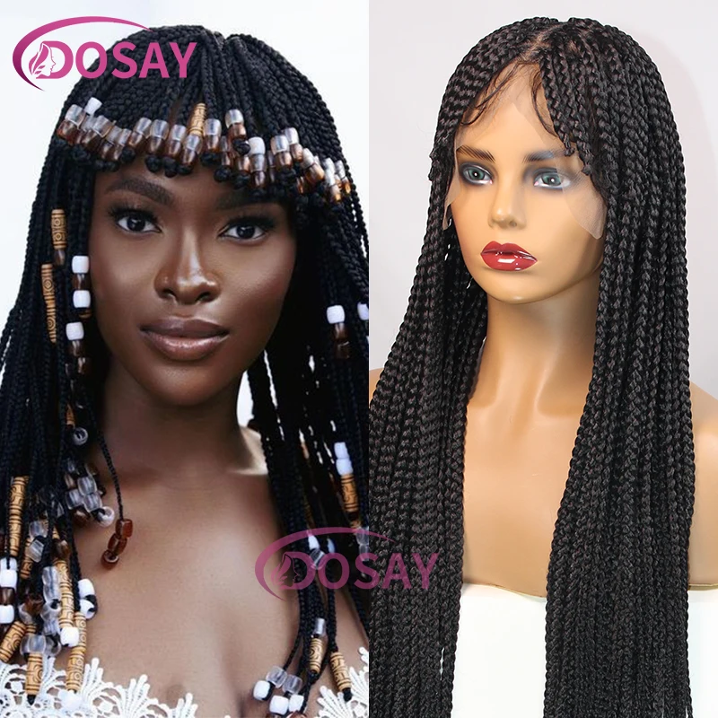 32 Inch Long Lace frontal Synthetic Braid Wig Full Lace Crochet Box Braids Wig With Bangs Faux Locs Knotless Cornrow Braided Wig