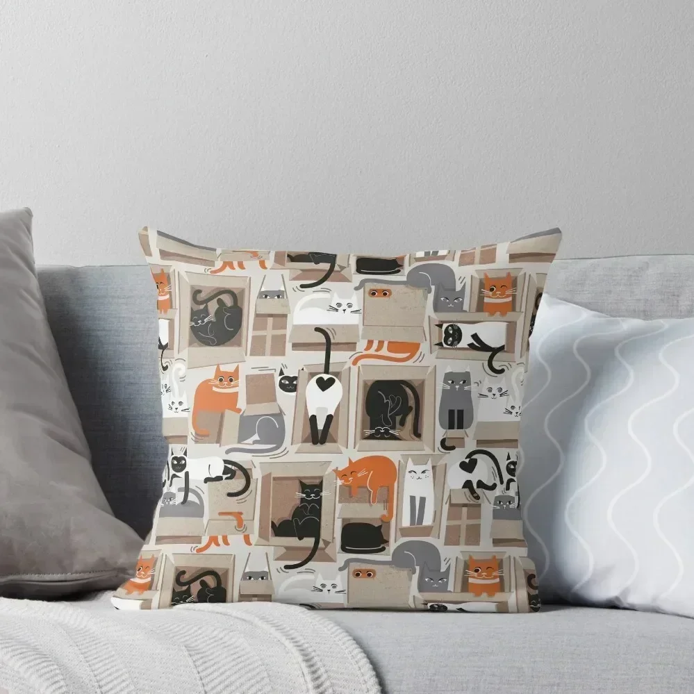 Purfect feline architecture // beige background cute cats in cardboard boxes Throw Pillow Cushions pillow