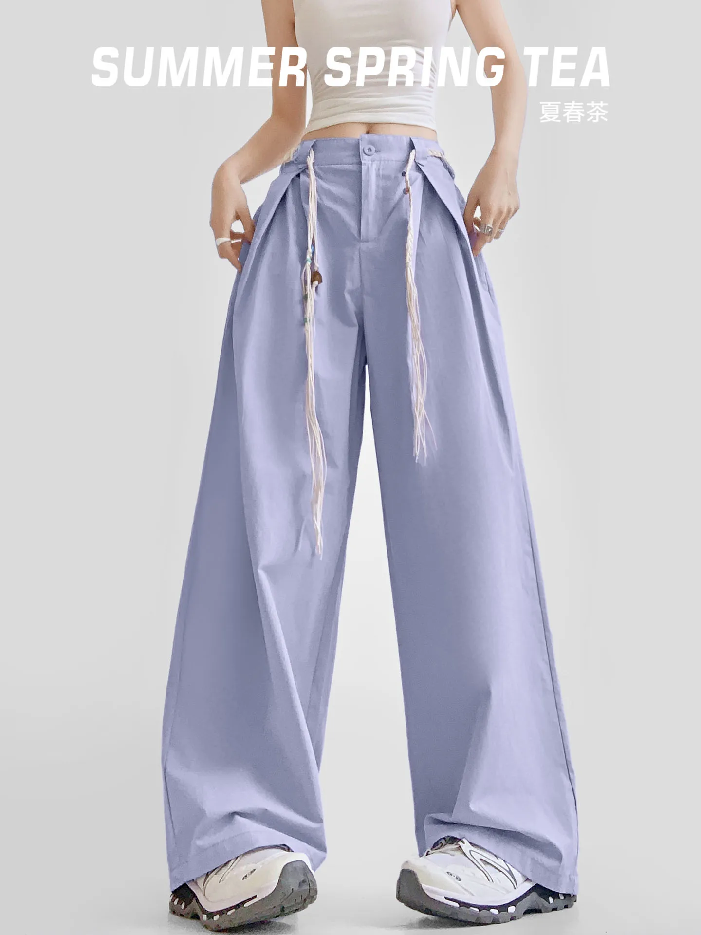 กางเกงขายาวลำลองสีชมพูสำหรับผู้หญิง ดีไซน์ฤดูร้อน ทรงหลวม เอวเล็ก แต่งเข็มขัดถักลูกปัด ผ้าฝ้าย