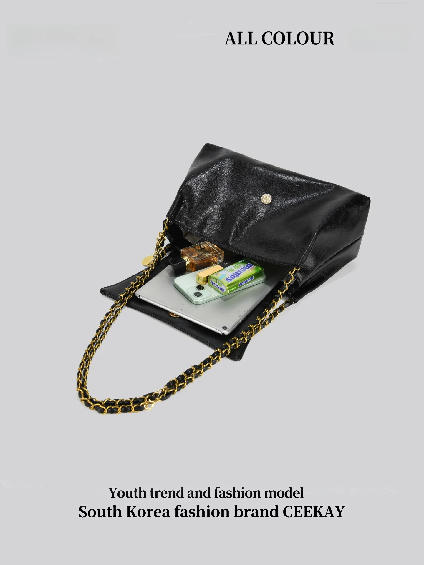 Ceekay Black Chain Underarm Bag Women's Large Capacity Commuter Single Shoulder Tote Bag Casual Simple Style Rectangular Shape