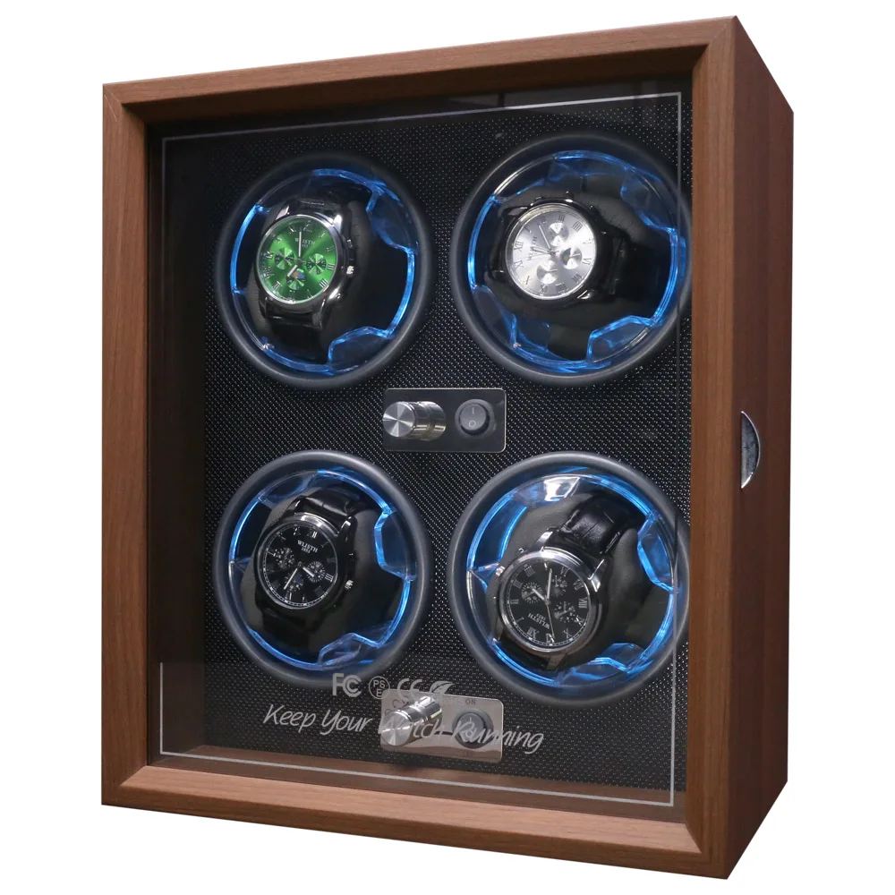

Custom Rotating Safe 4 Slots Led Light Wooden Automatic Custom Logo Walnut Grain Watch Winder Box