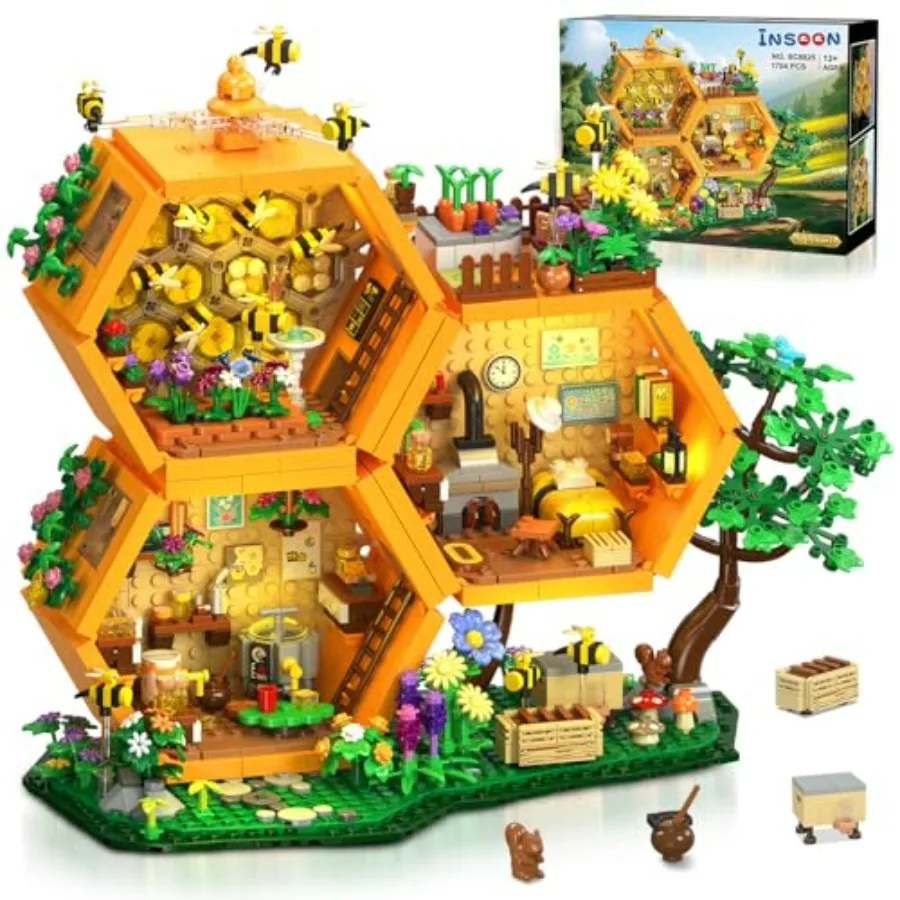 

Farm Bee House Building Set with Lights 1704PCS Honey Cabin Building Block Kit with Flowers Botanical Animals Treehouse Constru