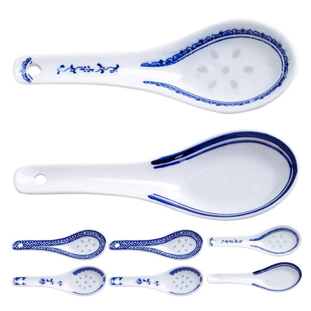 8 cucharas de sopa de porcelana cerámica con diseño floral azul, estilo chino, diseño compacto, ideal para sopas asiáticas, ramen, wonton, dumplings