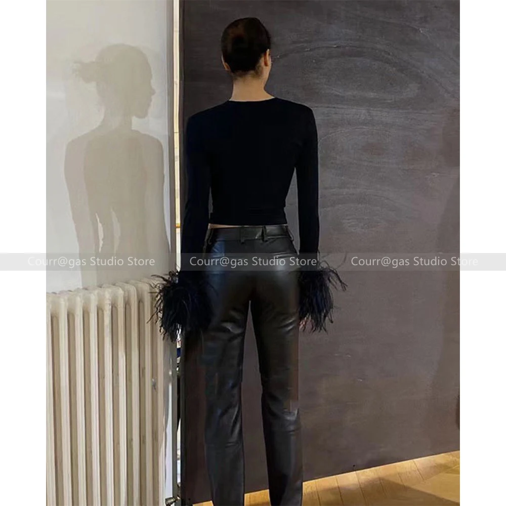 Design French retro versatile ostrich wool knitted long-sleeved deep V-neck sexy slim top