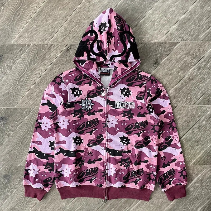 

New 2025 Camouflage Cardigan Glo Gang The Glory Full Zip Hoodie Men Women 1:1 Best Quality Vintage Oversize Rhinestone Ho eqs9X