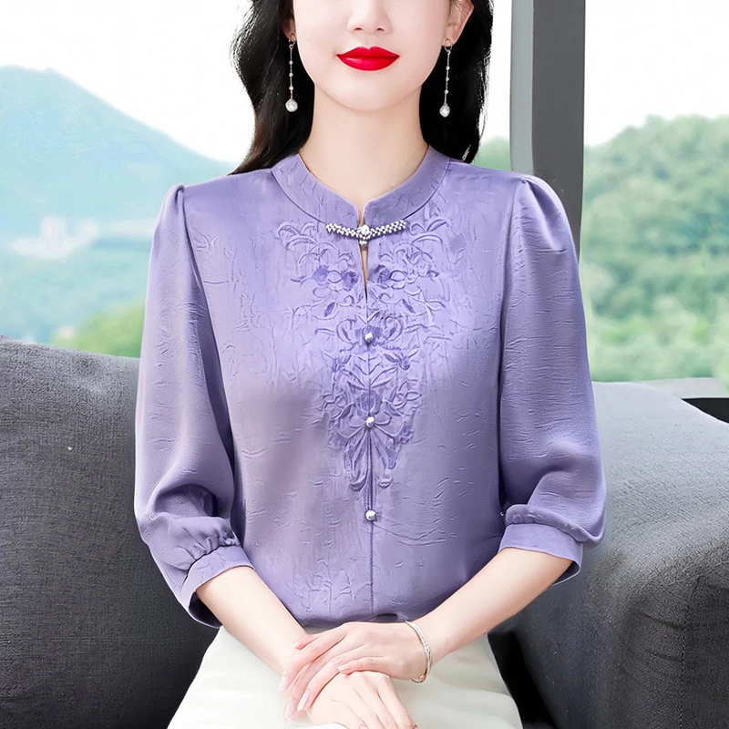 

Elegant Fashion OL Blouse 2025 Summer New Embroidered Satin Shirt 3/4 Sleeve Stand Collar Women Tops Blusa