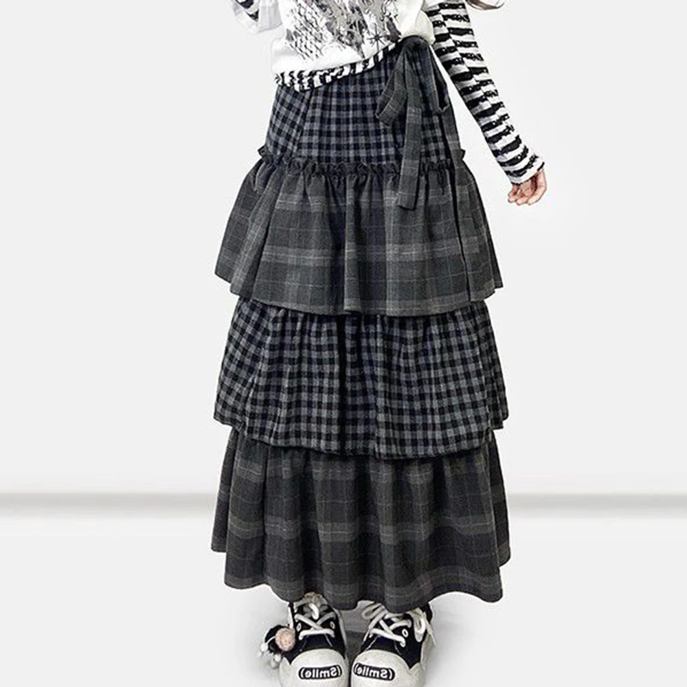 

Autumn and winter plaid stacked layered cake a word high waist medium long bow long skirt women Loose