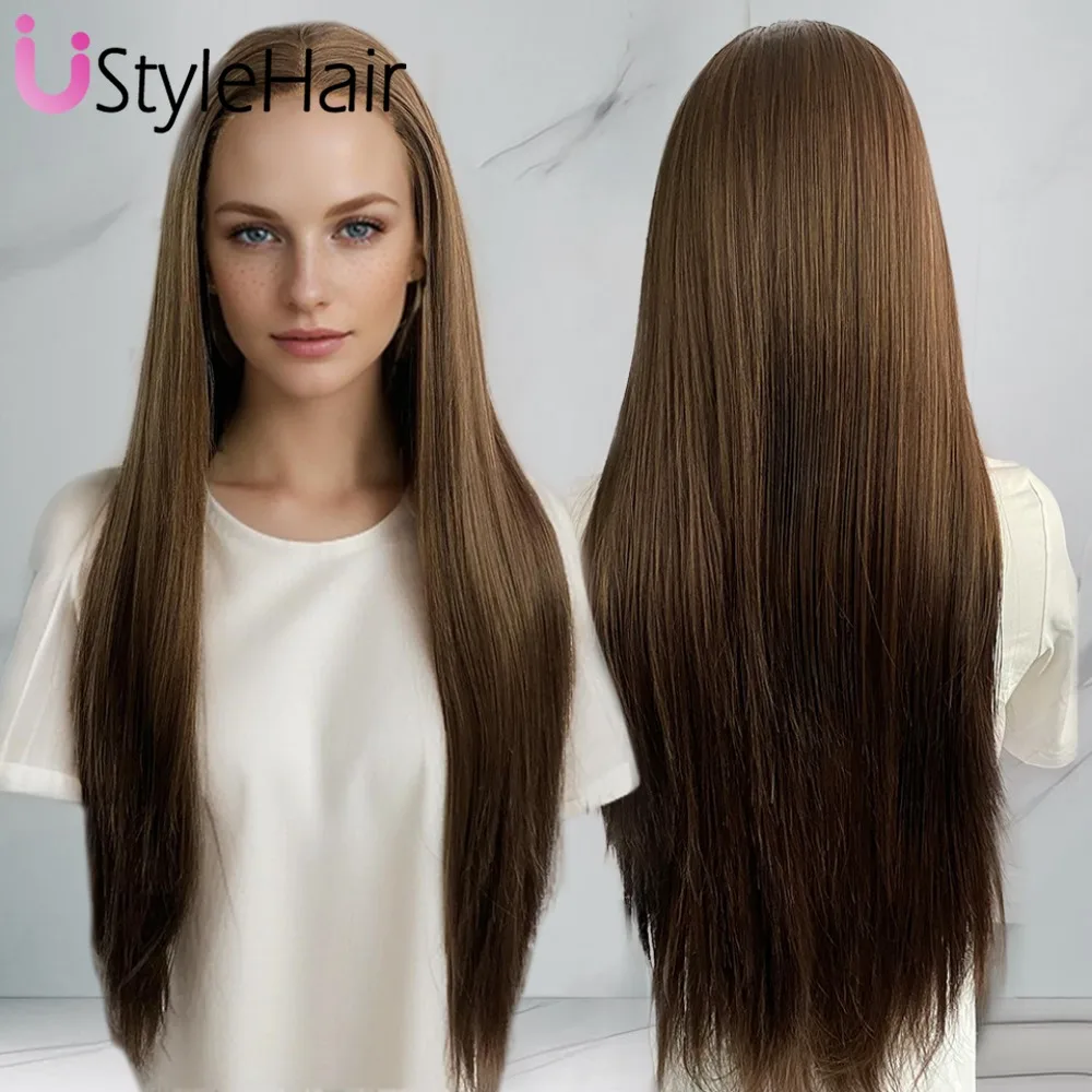 UStyleHair Brown Wig Lace Front Mix Color Long Silky Straight Synthetic Lace Wig Natural Hairline Daily Use Cosplay Party Wigs