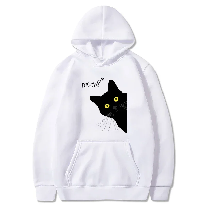 Meow Black Cat Funny Printing Men Breathable Tee Clothes Women Hoodie Streetwear Tops Oversized Loose Long Sleeve