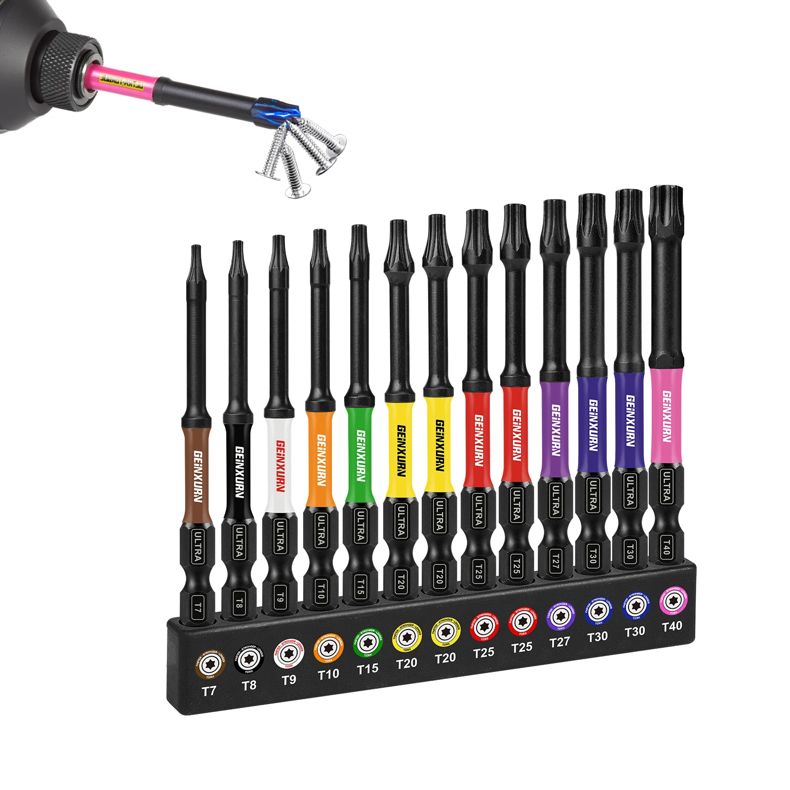 

Geinxurn 13pcs 3” Magnetic Torx Screwdriver Bits Set (T7-T40),D2 steel,Long Extension Star Driver Bits Set with Color Coded Base