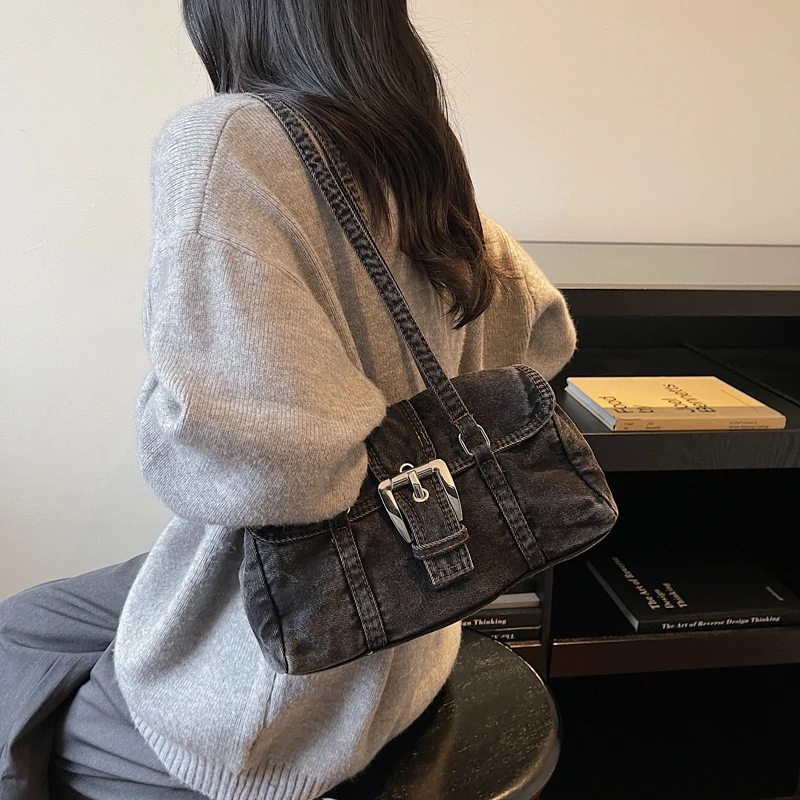 

Chic Flap Denim Women's Bag Vintage Shoulder Bag Shopping Messenger Bag Y2K Eco Bag Korean Tote Bag Jean Handbag Fashionable Sac