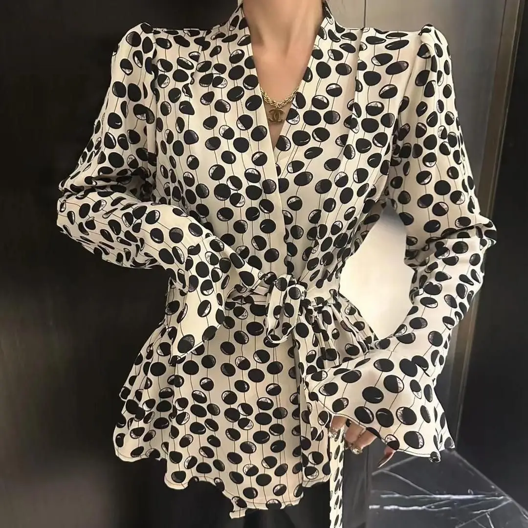 

Retro Polka Dot Long Sve Women's irt Slimming Bell Sve Waist Cinched Spring Autumn New Sle High Quali Faion Top