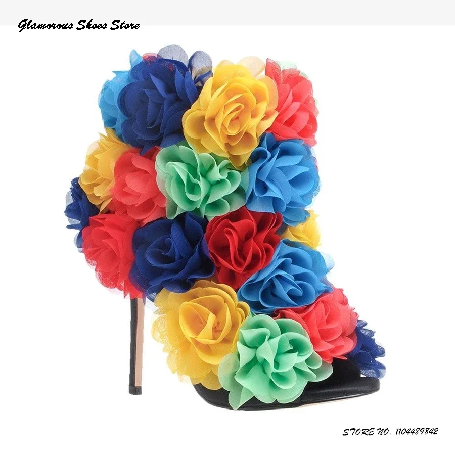 

Colorful Rose Blossom Appliques Stiletto Booties Square Open Toe Thin High Heels Ankle Boots Women's Streetwear Party Prom Shoes