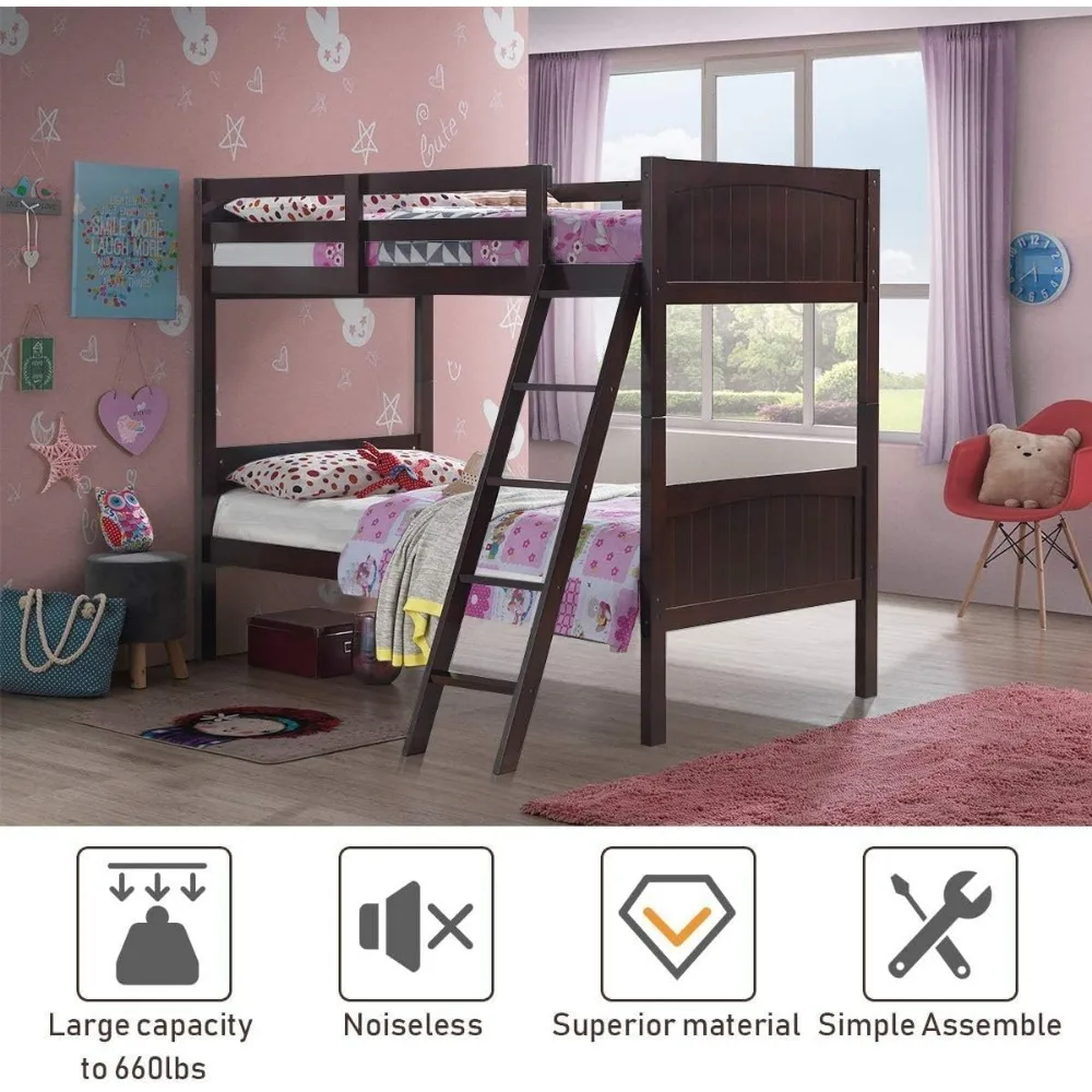 Twin Bunk Beds with Ladder and Safety Rail, Bunk Bed Convertible Into 2 Single Beds for Kid, Twin Over Sleeping Bed for Doritory