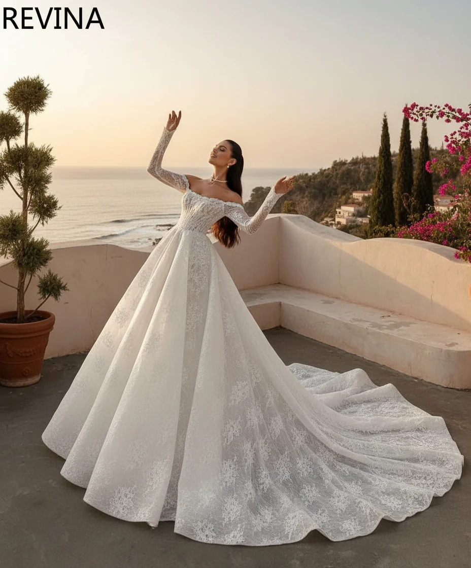 

Luxury Off-Shoulder Lace Wedding Dress Ball Gown with Long Sleeves Embroidered Train Vestidos De Novia Customized Bridal Gown