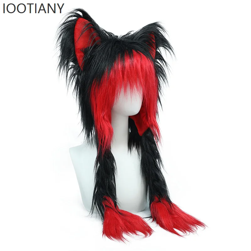 IOOTIANY-Sombrero de felpa Kawaii con orejas de gato para Cosplay, rojo y negro, con orejeras tejidas y cálidas y esponjosas, tocado, accesorios de Anime