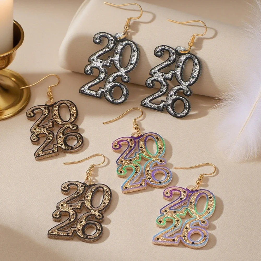 Fashion 2026 New Year's Eve Digital Acrylic Earrings Christmas Bow Earrings Ear Accessories for Women Girls Party Jewelry Gift