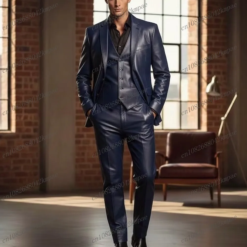 

Dark Blue Leather Men Suit Formal Groom Groomsman Wedding Party Prom Male Business Tuxedos 3 Piece Set Blazer Vest Pants