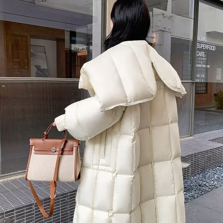 Winter New White Duck Down Down Coat Women Long Solid Windproof Hood Loose Warm Single Breasted Casual Coat