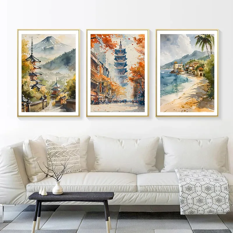 Watercolor Asian City Thailand Japan China Modern Travel Poster and Print Canvas Printing Wall Art Picture for Living Room Decor