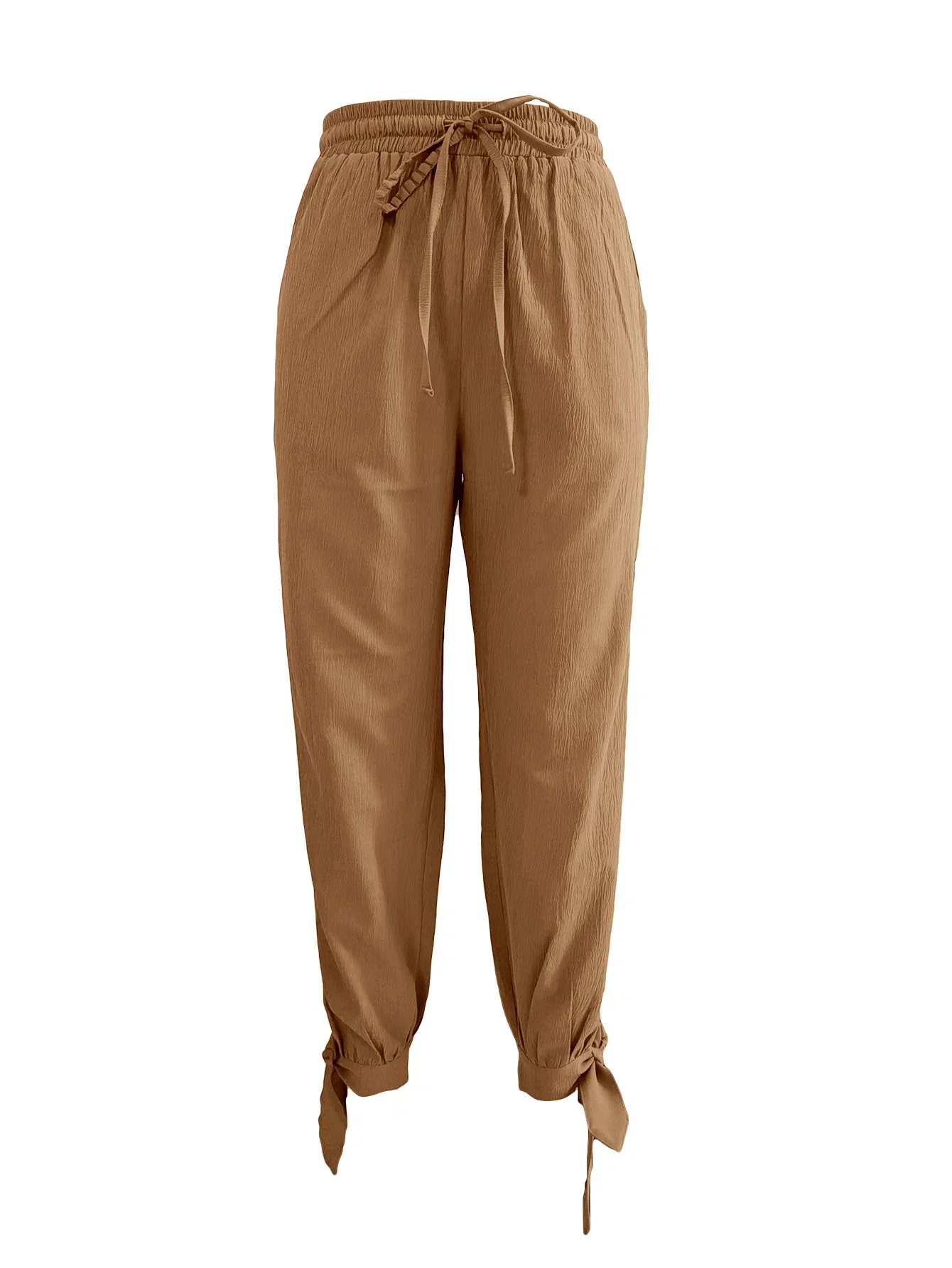 Neueste sexy, einfarbige Strandhose mit hoher Taille, Kordelzug, seitlichem Schlitz, locker geschnitten, mit Schnürung und gebundenen Bündchen, Boho-Hose – Detail 5