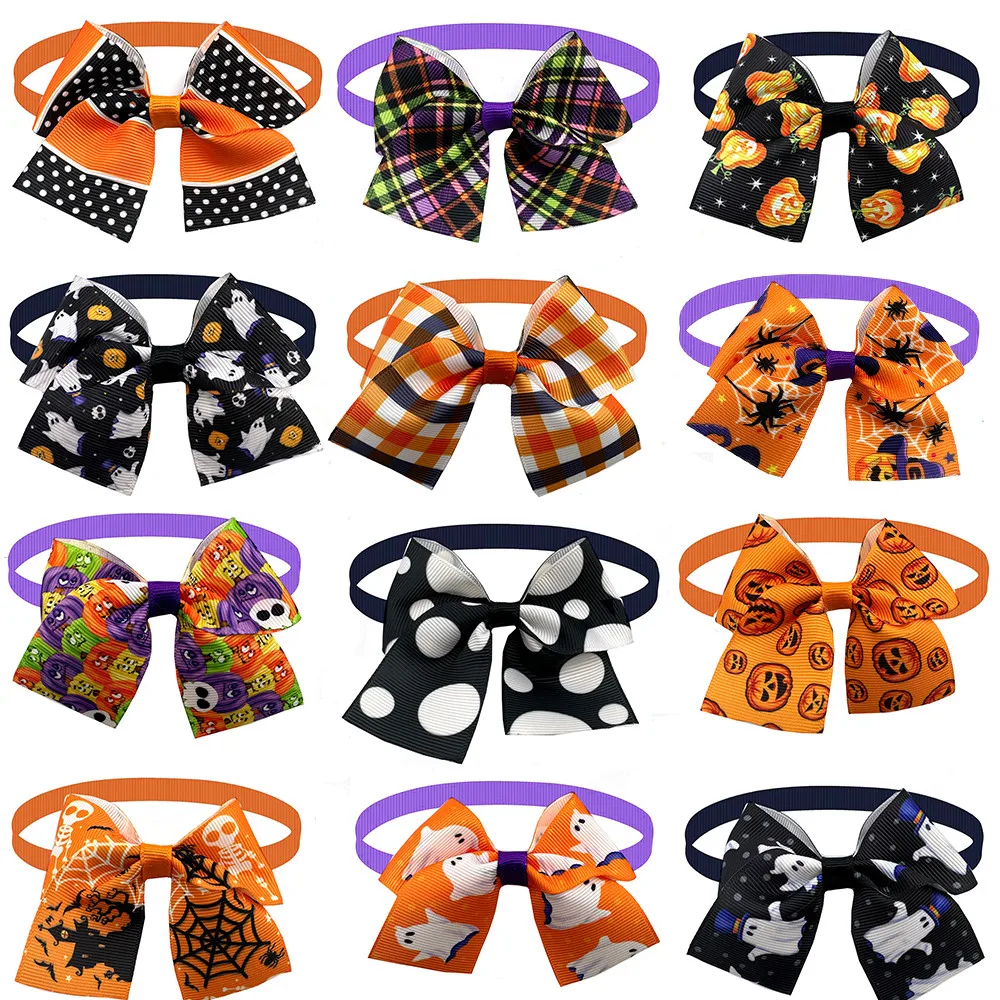 50/100pcs Halloween Dog Bows Pets Cat Ghost Bat Grooming Bows Puppy Bowties Neckties Dog Accessories Bowties Adjustable Collar