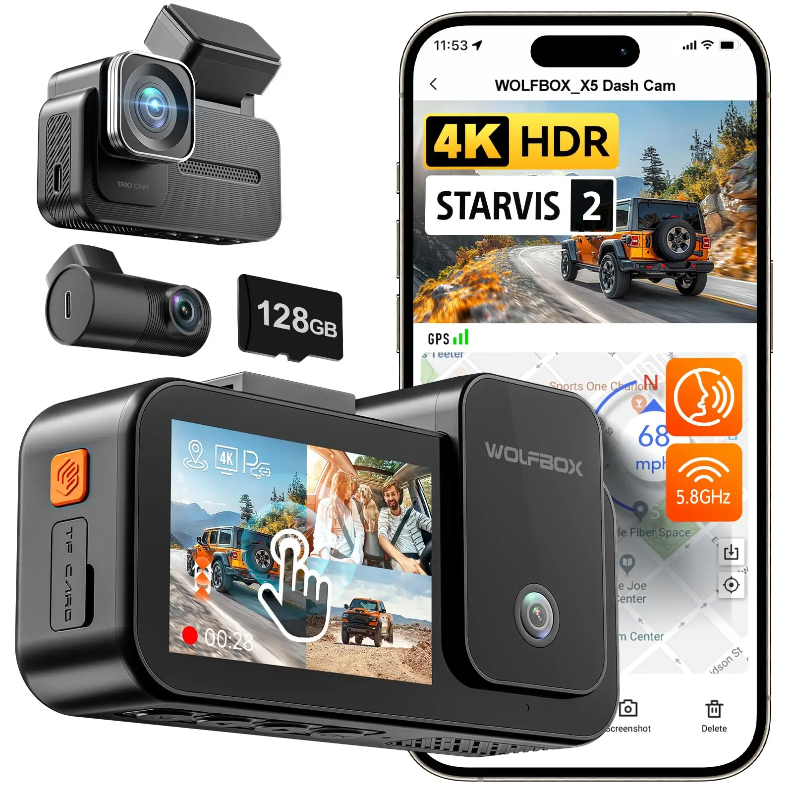 WOLFBOX X5 3-kanaals 4K Dashcam STARVIS 2 IMX678 4K+2.5K Voor- en Achter- en Binnenkamera Drievoudige Autocamera 5.8GHz WiFi Spiegel Auto DVR