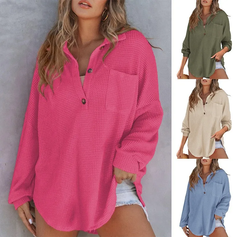 

Women's Oversized Henley Waffle Shirts Tops Button V Neck Long Sleeve Mesh Knitwear Tunic Blouses Casual Fall Outfits