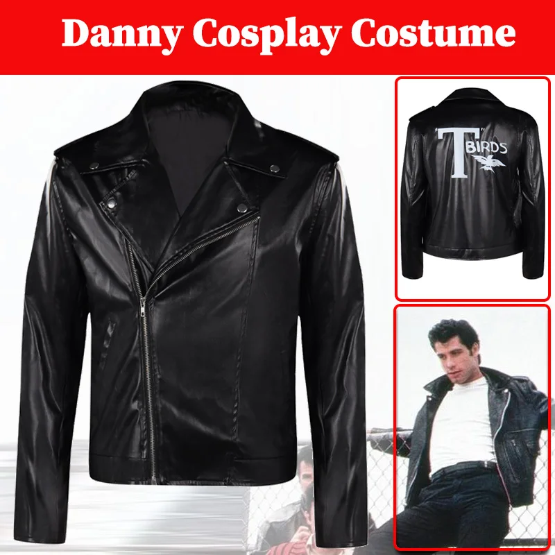 TV Grease Pink Ladies Danny Cosplay Coat Costume Men Black T-birds Leather Jacket Casual Streetcoat Boys Halloween Party Suits