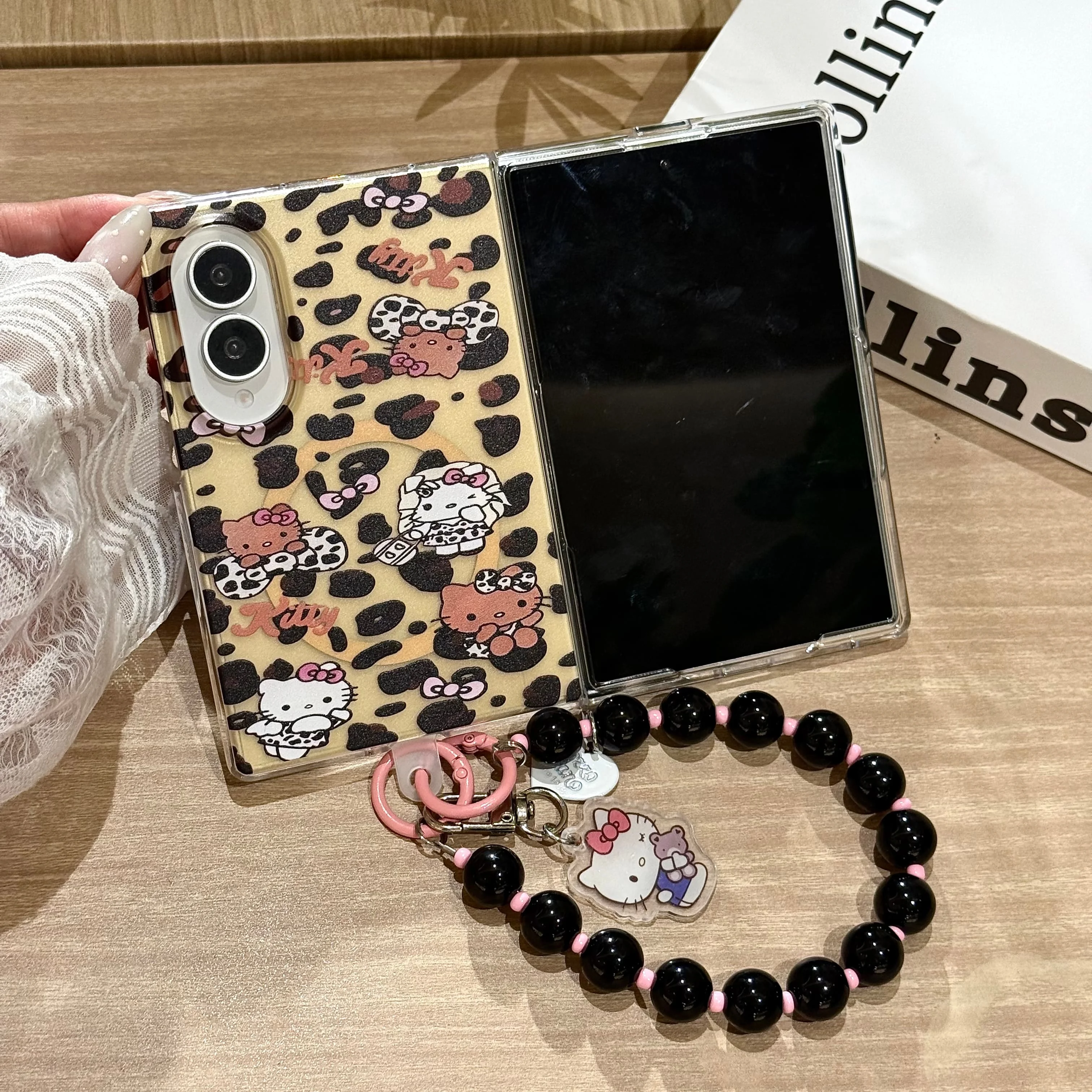 Leopard Print Cartoon Kitten Magnetic Phone Case For Samsung Galaxy Z Fold 8 7 6 5 4 Fold 8 Ultra With Detachable Magnetic Stand