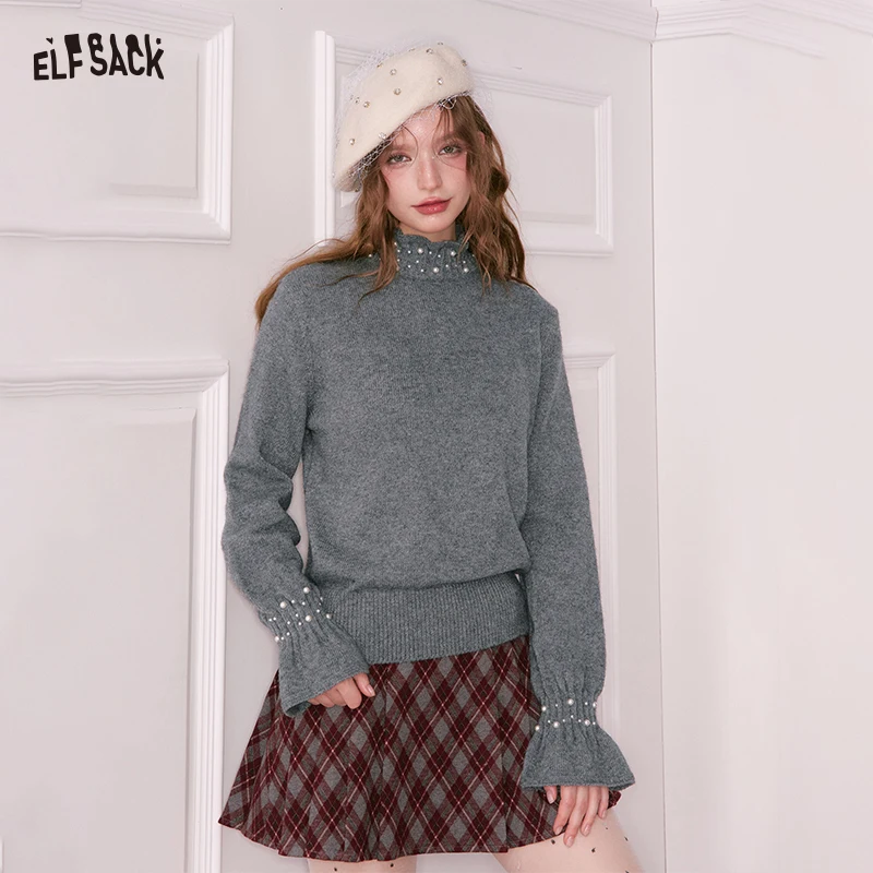 

ELFSACK Y2K Preppy Solid High Neck Flutter Sleeve Pearl Sweater For Women