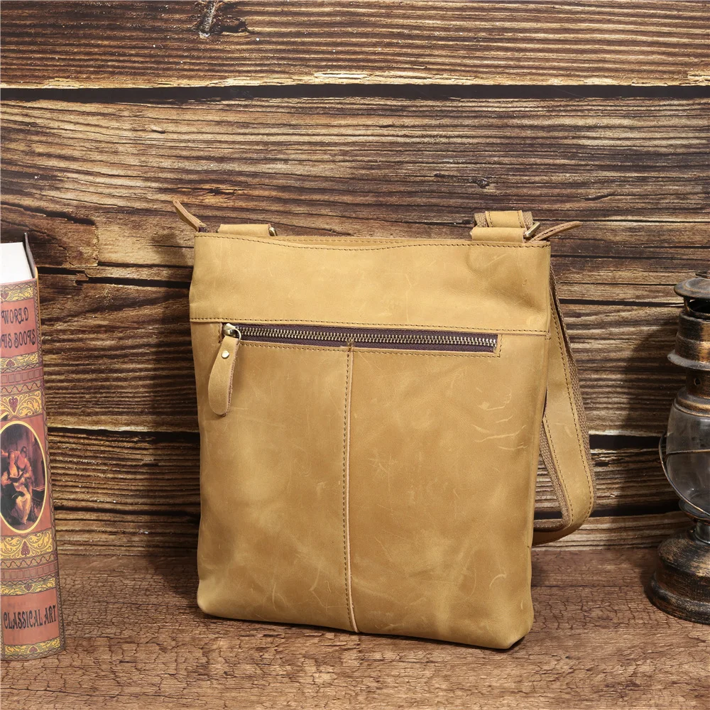 England Style Retro Messenger Crossbody Bag Crazy Horse Genuine Leather Tablet Shoulder Bag Yellow Brown Handbags for Men