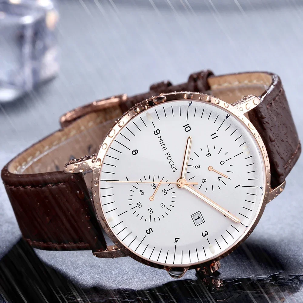 MINI FOCUS 0052G Mens Casual Fashion Genuine Leather Male Wristwatch New Waterproof Clock Men Watch Luxury Quartz Watches