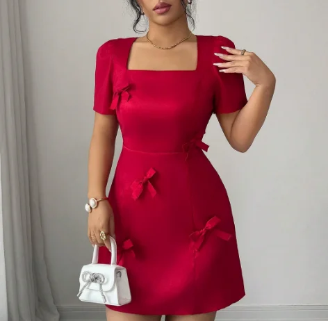 

Women's Dress Summer New French Fashion Sweet Style Solid Color Square Collar Bow Decal Design High Waisted A-Line Party Dress