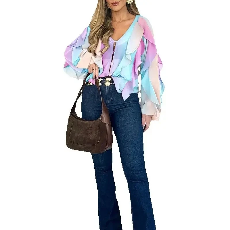 

Womens Ombre Asymmetrical Ruffles Blouse Summer New Fashion V Neck Shoulder Shirt Women's Casual Button Front Long Sleeve Top