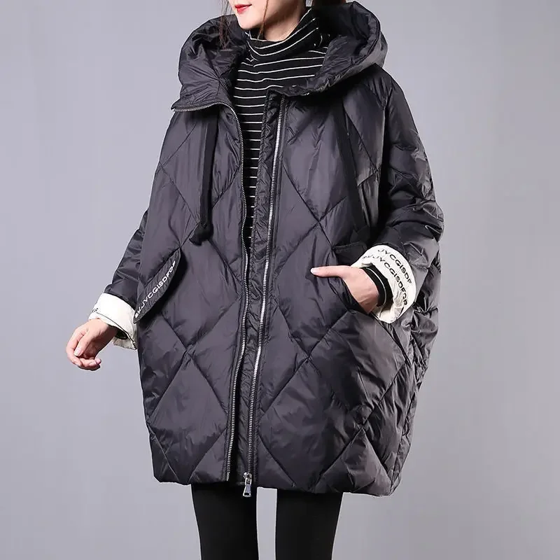 Fashionable Loose Fitting Parka for Women\'s Korean Winter Mid Length Fluffy Hooded Pocket Quilted Solid Color Warm Jacket 2023