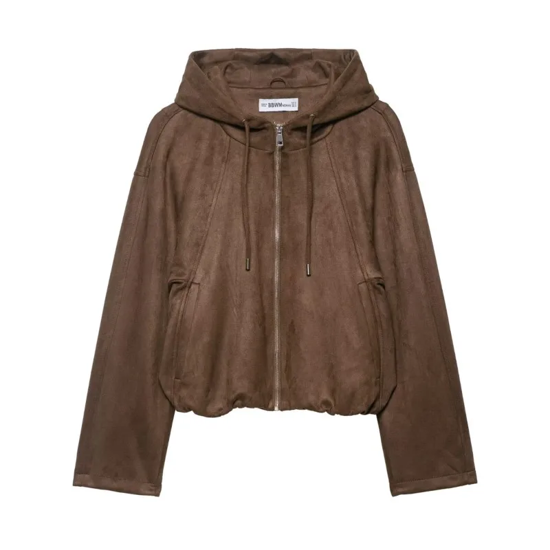 여성 스웨이드 재킷 후드 드로스트링 가을 여성 시크 탑 긴 소매 포켓 지퍼 여성용 인조 코트