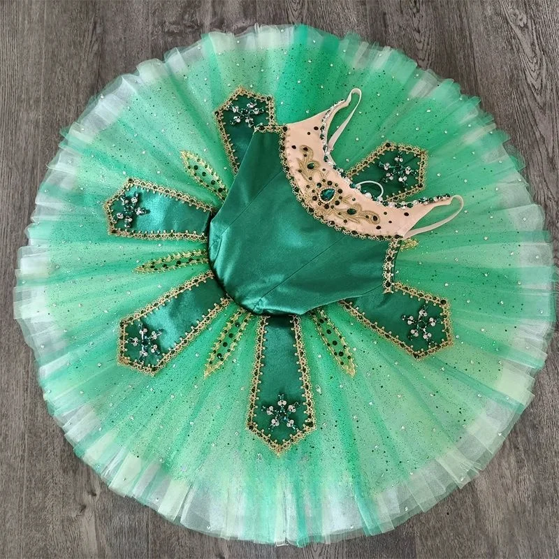 High-end professional ballet costume Green turquoise ruby pancake dress