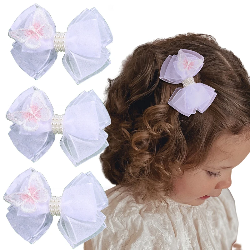 

ncmama 2Pcs/set Embroidered Butterfly Hair Clips With Pearls For Kids Girls White Chiffon Bow Hairpin Women Ponytail Accessories