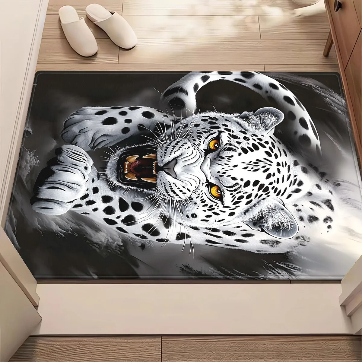 3D White Leopard Doormat, Fierce Snow Tiger Entrance Rug, Cool Animal Floor Mat, Non-slip Living Room Carpet, Man Cave Decor