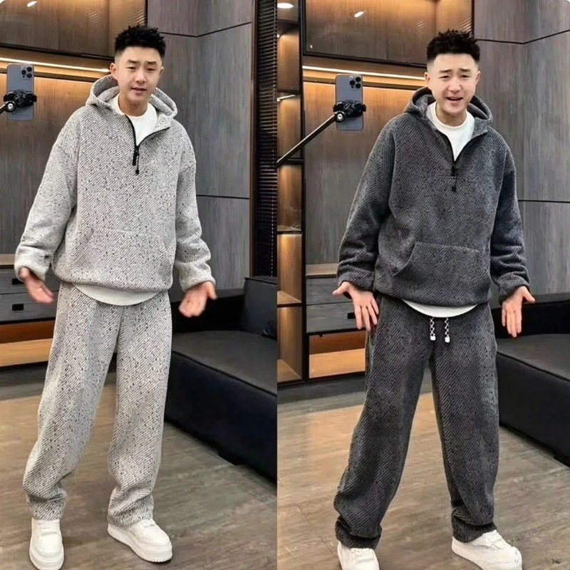 Unisex, Striped, Hooded Sweatshirt Set, Zip Up, Loose Fit, 2 Piece Outfit, Sweatpants Set, Spring Autumn Casual Tracksuit