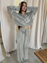 HiLoc Fashion Knitted Velvet Pants Pajamas Women Warm Autumn Long Sleeve Loose Shirts Casual Silver Lace-Up Pants Nightwear 2024