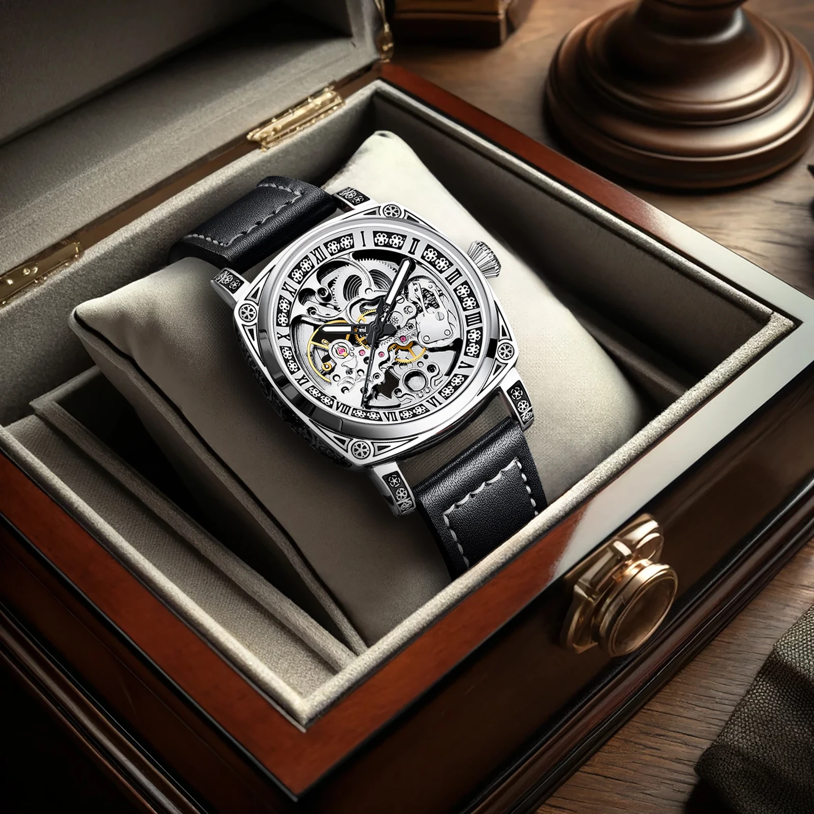 

New men's watch with silver black belt, minimalist style, creative night light carving, fully automatic mechanical watch