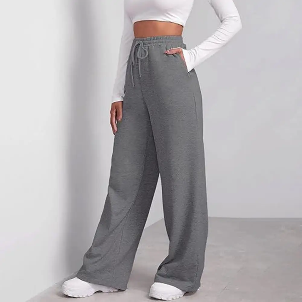 Women Elastic High Waist Wide Leg Pants, Adjustable Drawstring Pure Color Long Sweatpants With Pockets Casual Lounge Daily Wear