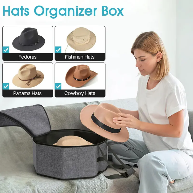 

Foldable Hats Box Travel Cowboy Hat Storage Box With Zipper Dustproof Bucket Hats Clothes Sundries Organizers Large Capacity